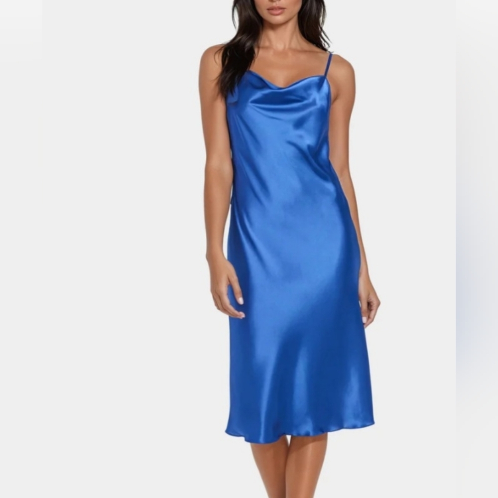 BEBE Satin Cowl Neck Slip Midi Dress